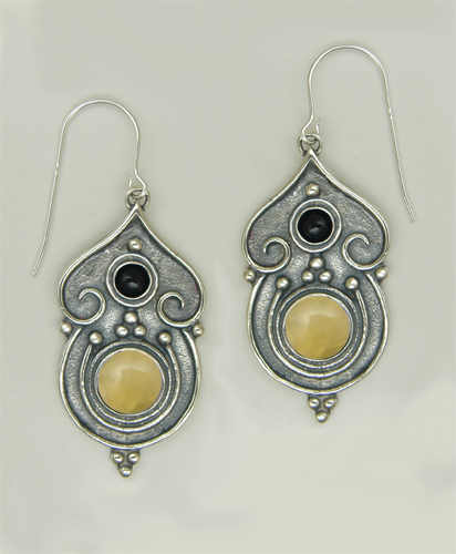 Sterling Silver Gothic Inspired Drop Dangle Earrings With Yellow Jade And Black Onyx